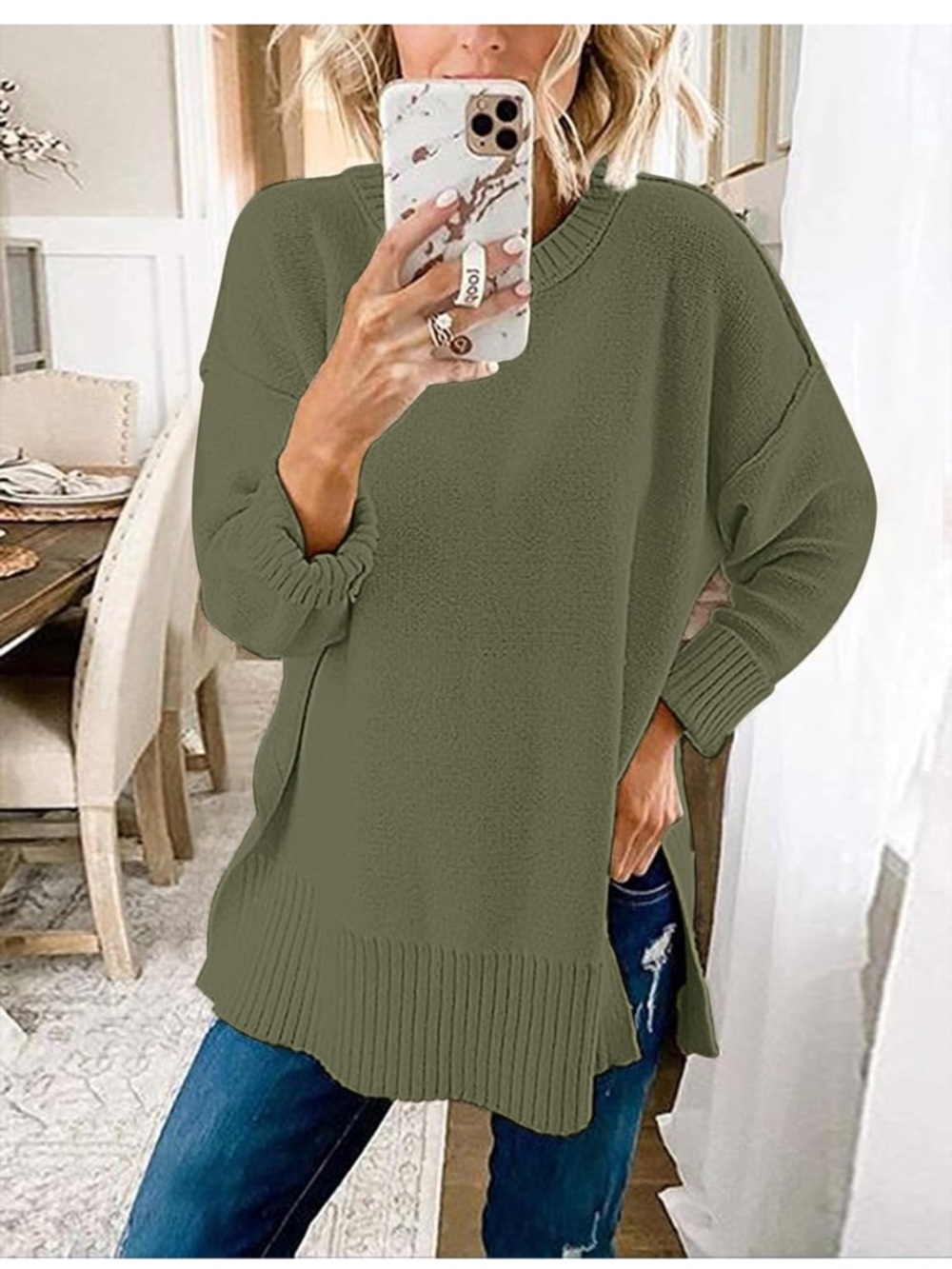 Relaxed Olive Crewneck Knit Sweater - Casual Women's Pullover